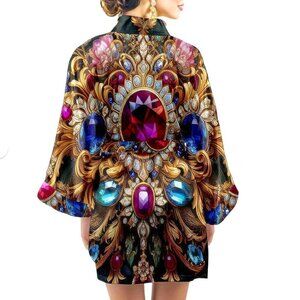Baroque Satin Kimono Robe Satin Ruby Gemstone NWT Bejeweled Gift 2XL  XXL  Gold